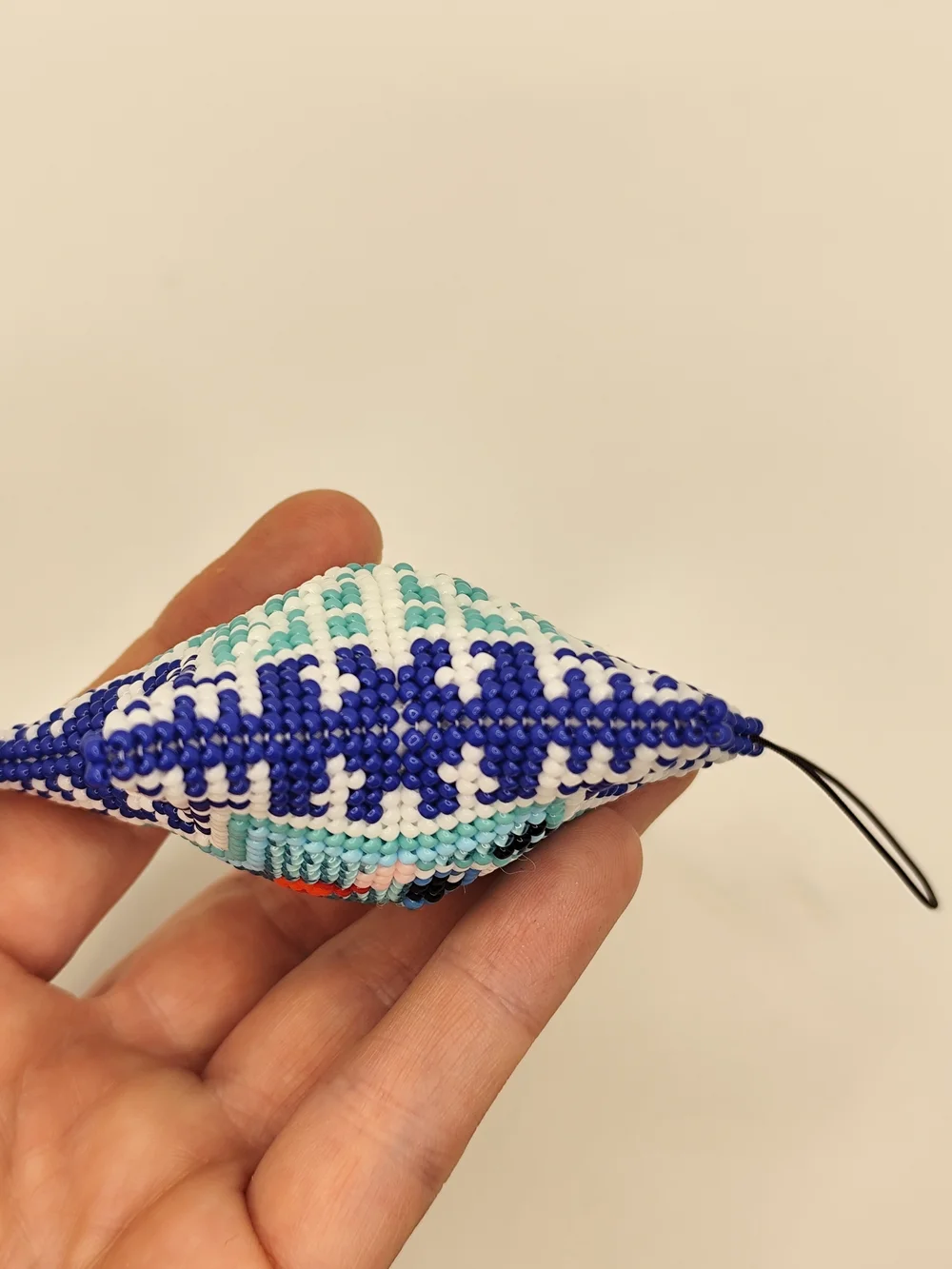 Handmade Blue Star Beaded Holiday Ornament - Smiling Face
